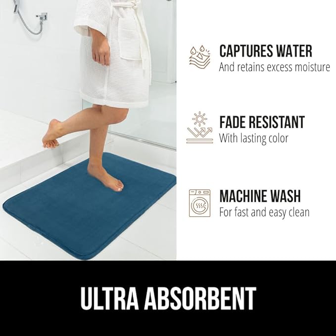 GORILLA GRIP Memory Foam Bath Mat, Soft Absorbent Velvet Bathroom Mats, Durable Dots on Underside, Machine Washable Bathmat, Carpet Rug Room Decor for Shower Tub Floor RV, 48x24 Rugs, Blue