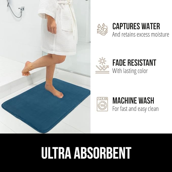 GORILLA GRIP Memory Foam Bath Mat, Soft Absorbent Velvet Bathroom Mats, Durable Dots on Underside, Machine Washable Bathmat, Carpet Rug Room Decor for Shower Tub Floor RV, 42x24 Rugs, Blue