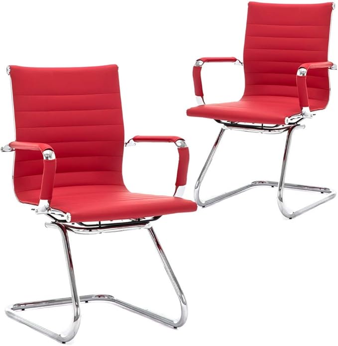 Wahson Office Guest Chairs Set of 2, Leather Reception Chairs, Mid Back Waiting Room Chair, Conference Chairs with Sled Base, Desk Chair No Wheels for Meeting/Lobby/Restroom, Dark Red