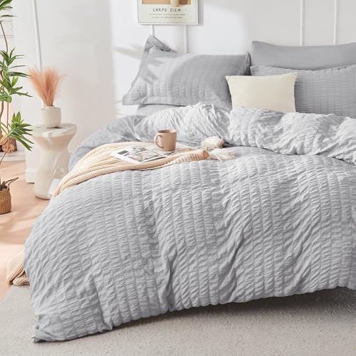 HYMOKEGE Light Grey Oversized Queen Comforter Set Seersucker 7 Pieces, All - Image 2