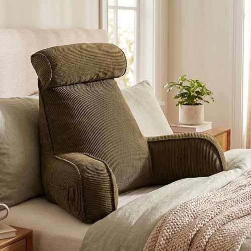 Bed Rest Reading Pillow with Arms & Detachable Headrest, Corduroy Backrest - Image 2