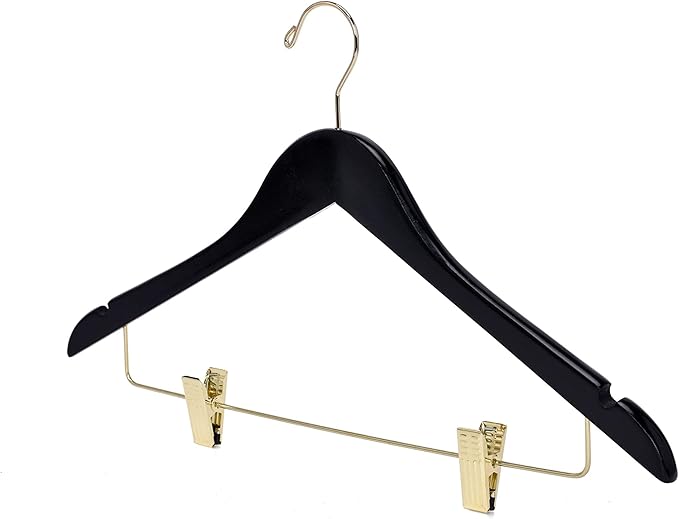 Quality Black Wooden Skirt Hangers with Clips, 20-Pack Smooth Solid Wood Pants Hangers with Durable Adjustable Metal Clips, Swivel Hook, Coat, Jacket, Blouse Suit Hangers (Black-Gold Hook, 20)