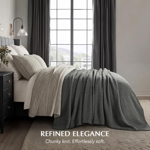 EVERGRACEHOME Chunky Chenille Knit Throw Blanket, Charcoal Gray - Image 2