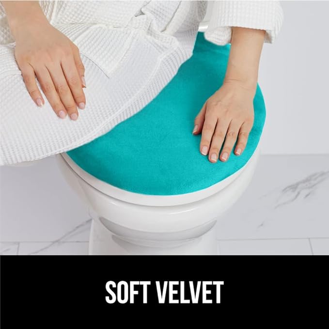 GORILLA GRIP Thick Memory Foam Bathroom Toilet Lid Seat Cover, Soft Velvet Topside, Machine Wash, Plush Cushioned Covers Fits Most Size Lids, Decorative Bath Room Accessories, 19.5x18.5, Turquoise