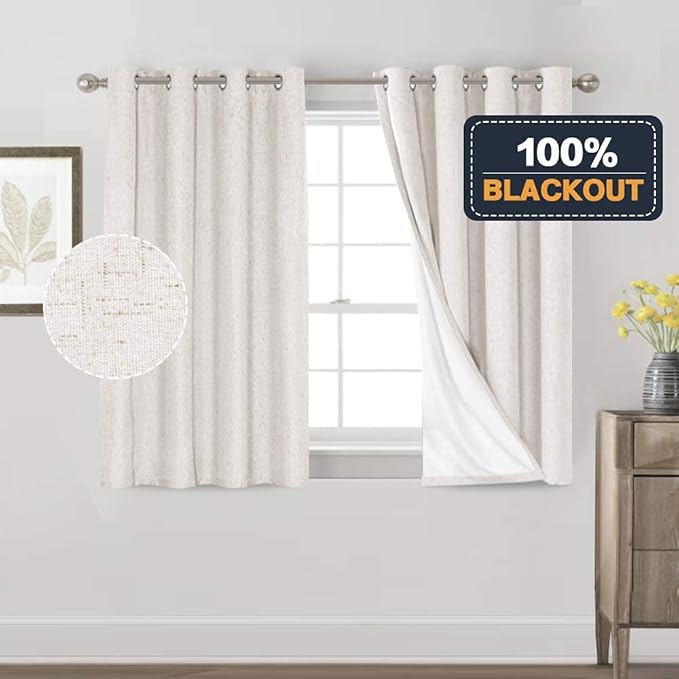 PrinceDeco Ivory 100% Blackout Curtains 54" Long Blackout Curtains for Bedroom Linen Texture Solid Thermal Insulated with White Liner Luxury Decor for Nursery 52x54 Inch (2 Panels)