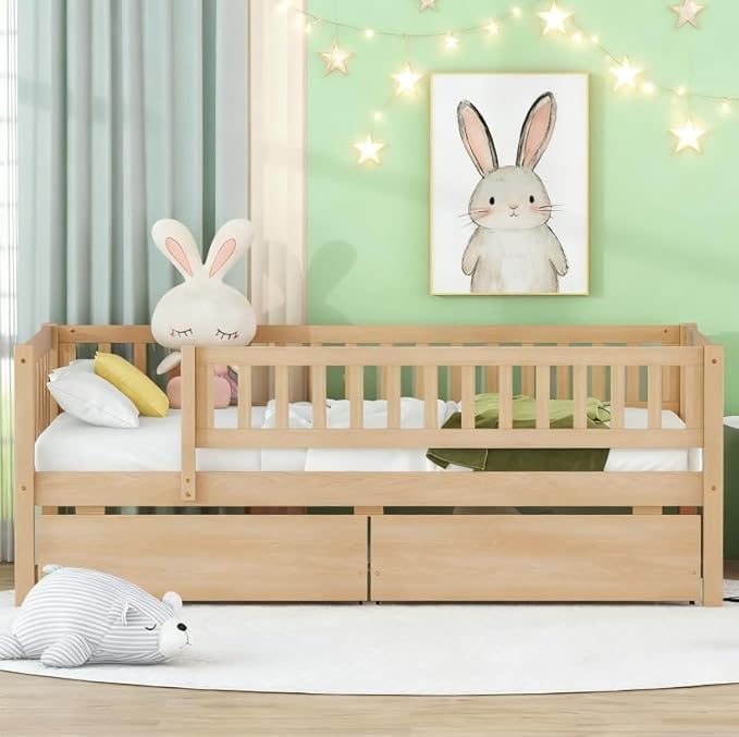 Bellemave Twin Bed Frames with Rails for Kids, Twin daybed Frame with Drawers for Boys/Girls/Adults， Natural