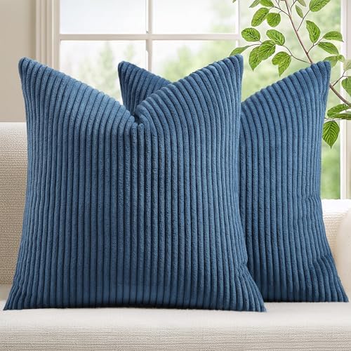 Mecatny Corduroy Decorative Throw Pillow Covers 16x16 Set of 2 Navy Blue by Mecatny