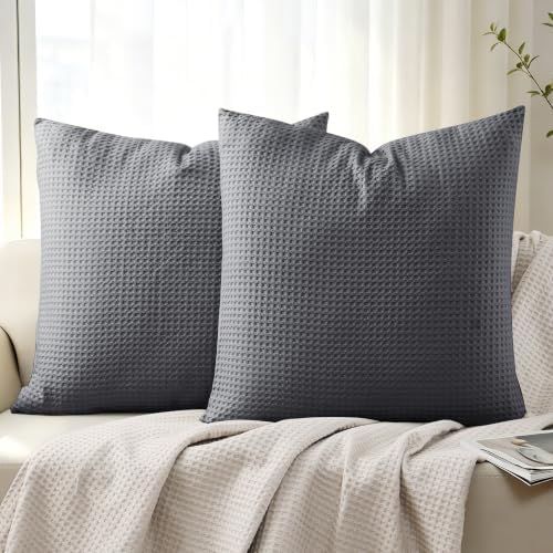 100% Cotton Waffle Weave Throw Pillow Covers Set of 2, Dark Grey by ShunjieHome