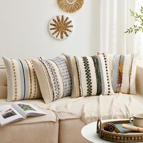 ANRODUO Boho Decorative Pillow Covers Gray Blue Stripe 18x18 Inch Pack of 1 - Image 2