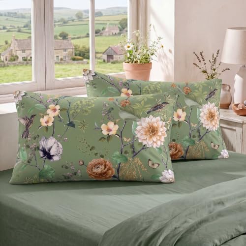 Bedorm 100% Cotton Pillowcases Set of 2 King Size Green Floral Pillow Cover - Image 2