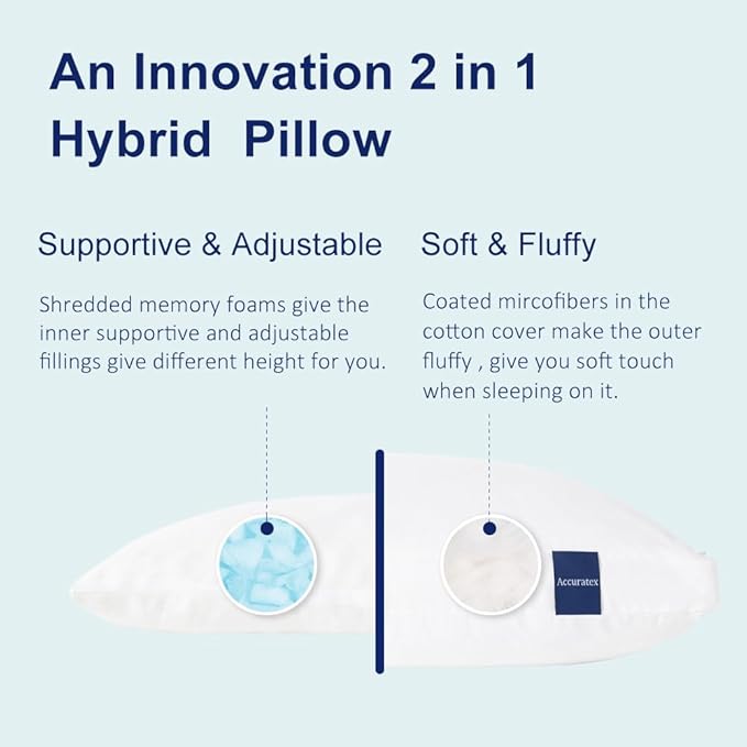 ACCURATEX Hybrid Pillow for Sleeping, Adjustable Shredded Memory Foam Pillow Core with Fluffy Down Alternative Fill Removable Cotton Cover,for Side,Back,Stomach Sleepers,Queen Size