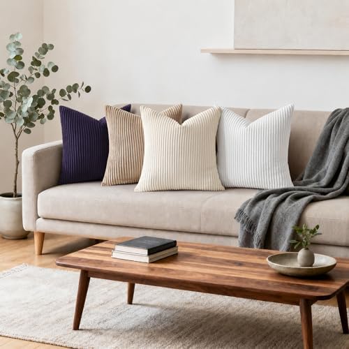 Mecatny Corduroy Decorative Throw Pillow Covers 18x18 Set of 2 Dusty Purple - Image 3