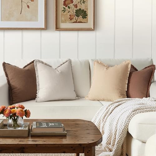 MIULEE Fall Linen Fringe Pillow Covers Set of 4 24x24 Beige/Brown - Image 3