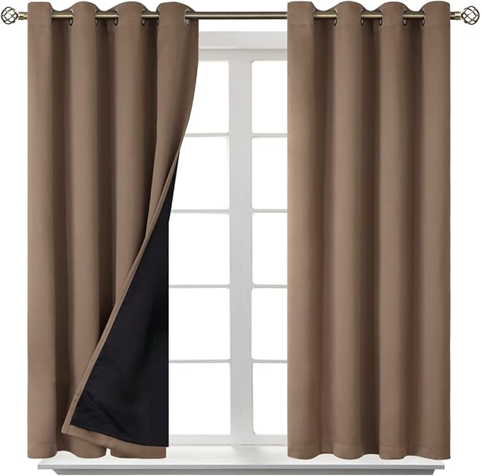BGment Short 100% Blackout Curtains for Bedroom, Thermal Insulated Energy Efficiency Noise Reducing Grommet Curtains 54 Inch Length with Liner for Small Window 2 Panels Each 52 Inch Wide, Taupe