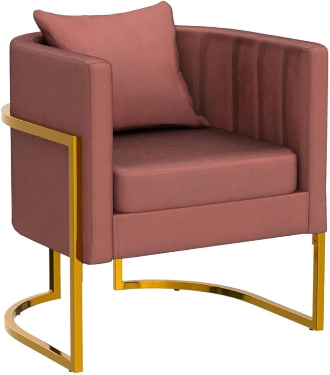 Velvet Modern Accent Chairs Set of 2, Upholstered Barrel Armchair Mid Century with Pillow for Living Room, Comfy Single Vanity Chair with Metal Gold Legs for Bedroom, Pink