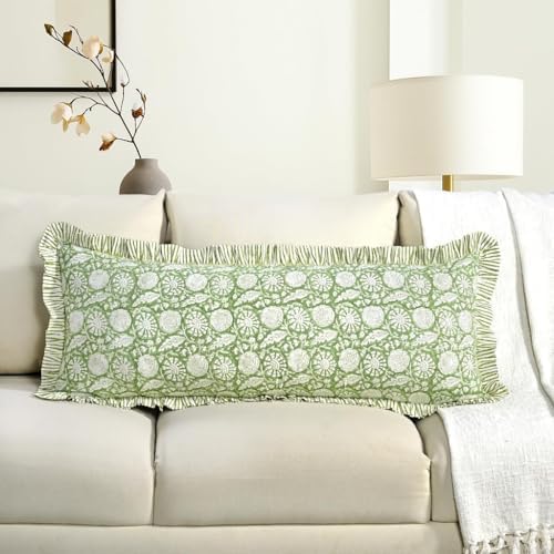 CPC Block Print Olive Bloom Ruffle Cotton Lumbar Pillow Cover 14x36 inch by COTTONPRINTCLUB