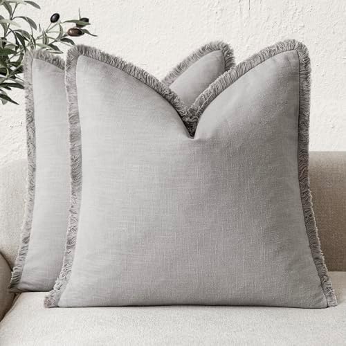 Foindtower Decorative Linen Fringe Throw Pillow Covers 16×16 Light Gray by Foindtower