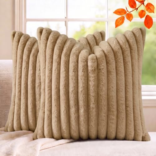 Set of 2 Decorative Throw Pillow Covers 20x20, Faux Fur Khaki by MEGAYESHome