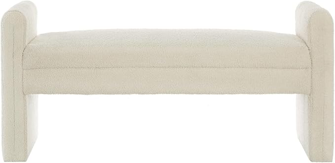 24KF Modern Upholstered Bed Bench Covered with Soft Boucle Teddy Fabric, Lovely Entryway Bench Ottoman with Armrest,5062-Cream