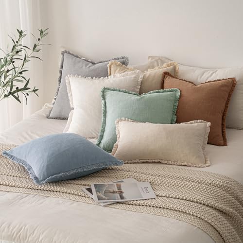 MIULEE Boho Linen Fringe Decorative Throw Pillow Covers Light Blue 20x20 - Image 6