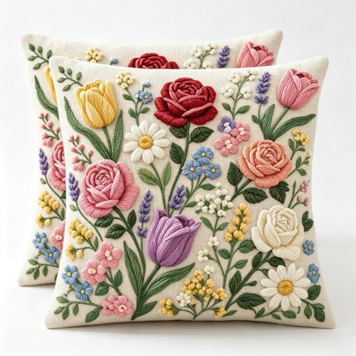 2D Flat Tulip Daisy Floral Bouquet Linen Throw Pillow Covers 18x18 Set of 2 by Unknown