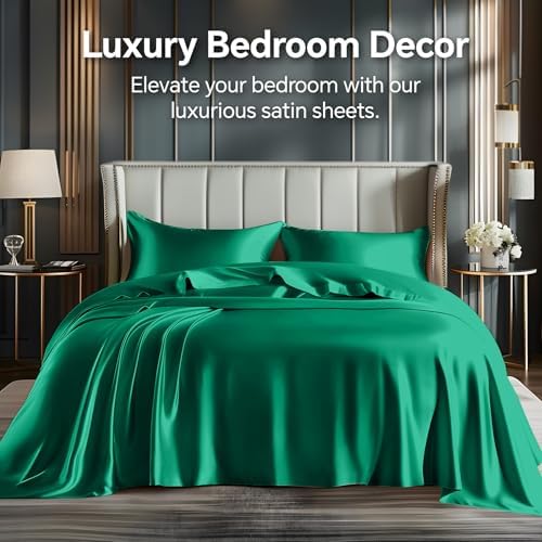 BEDELITE Satin Sheets Twin Size Bed Set, Dark Green, 3 Pieces - Image 2