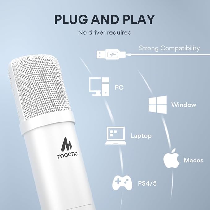 MAONO USB Microphone, 192kHz/24bit Plug & Play PC Computer Podcast Condenser Cardioid Metal Mic Kit with Professional Sound Chipset for Recording, Gaming, Singing, YouTube, AU-A04 White