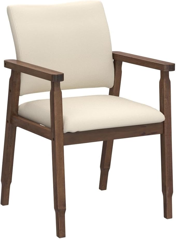 thksbought Set of 2 Mid Century Modern Walnut Dining Chairs Wood Arm Beige Fabric Kitchen Cafe Living Room Decor Furniture