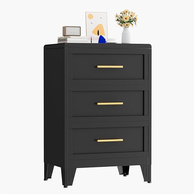 Metal Small Dresser for Bedroom, Black Dressers & Chest of Drawers, 3 Drawer Dresser with Curved Corner, Storage Cabinet for Living Room, Entryway, Home Office (Black, 24" W)