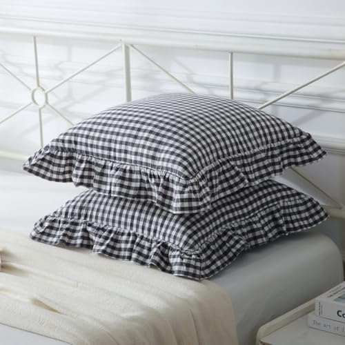 Mywinlle Black/White Plaid Ruffle Throw Pillow Covers Set of 2, Checkered - Image 3