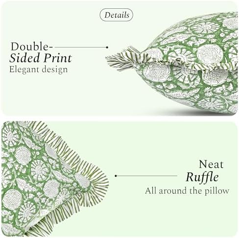 CPC Block Print Olive Bloom Ruffle Cotton Lumbar Pillow Cover 14x36 inch - Image 2