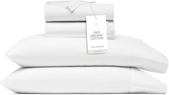 BOLL & BRANCH Signature Hemmed Sheet Set - Twin, White - Luxury 100% Organic Cotton - Includes 1 Flat, 1 Fitted, 2 Pillowcases - Buttery Soft