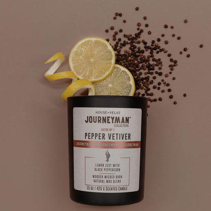 Journeyman Collection Candle, 15oz, Wooden Wick, Pepper Vetiver, Large Painted Jar