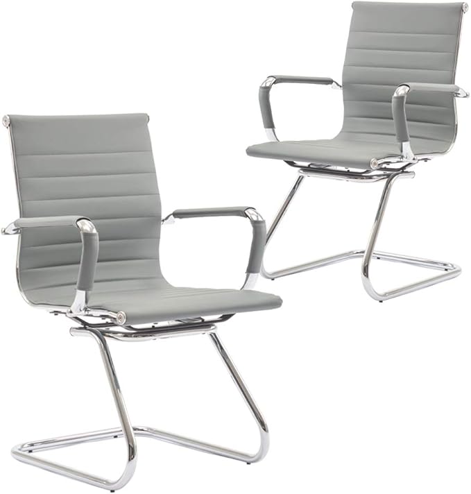 Wahson Office Guest Chairs Set of 2, Leather Reception Chairs, Mid Back Waiting Room Chair, Conference Chairs with Sled Base, Desk Chair No Wheels for Meeting/Lobby/Restroom, Grey