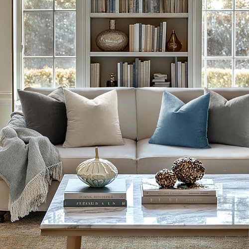 MIULEE 24x24 Inch Pack of 2 Euro Velvet Throw Pillow Covers Blue Gray - Image 3