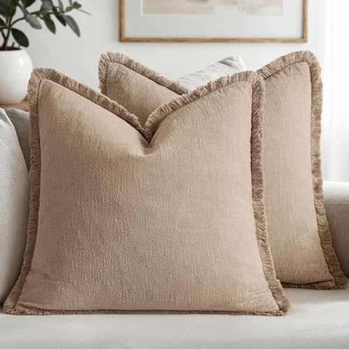 MIULEE Boho Linen Fringe Decorative Throw Pillow Covers Camel 18x18 by MIULEE
