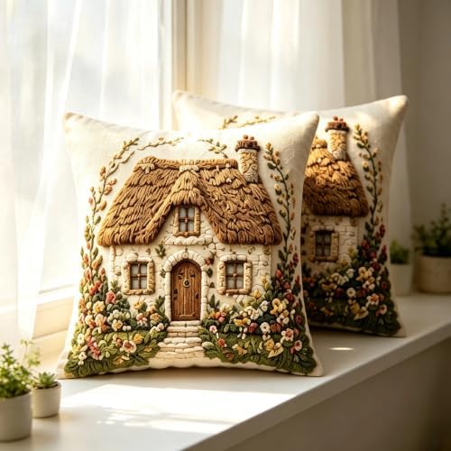 2D Flat Thatched Roof Cottage Linen Throw Pillow Covers 18x18 Set of 2 - Image 4