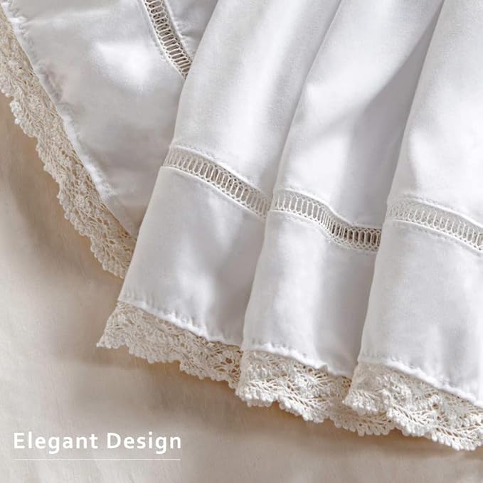 MIYE Wrap Around Ruffled Lace Bed Skirt, Elastic Dust Ruffle with Adjustable Belts, Easy to Put On, Bed Frame Cover, Machine Washable (Floral Lace/White, King/Queen-12.5" Drop)