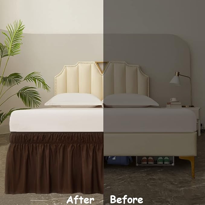 MEILA Bed Skirt Three Fabric Sides Elastic Wrap Around Dust Ruffled Solid Bed Skirts Easy On/Easy Off 16 Inch Tailored Drop, Chocolate, Queen/King