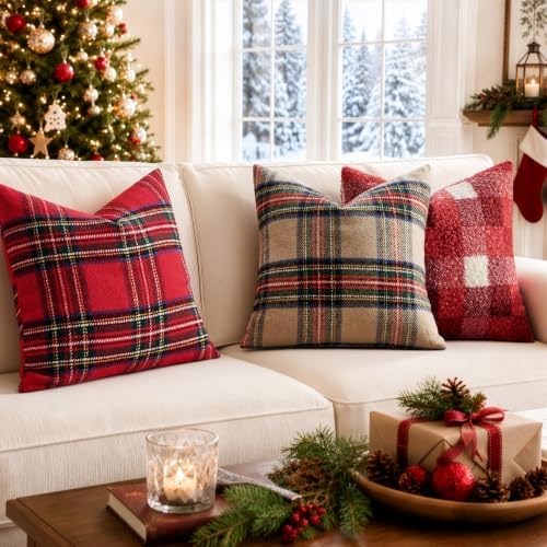 EMEMA Christmas Plaid Pillow Covers 18x18 Set of 2, Tartan Throw Pillow Covers - Image 4