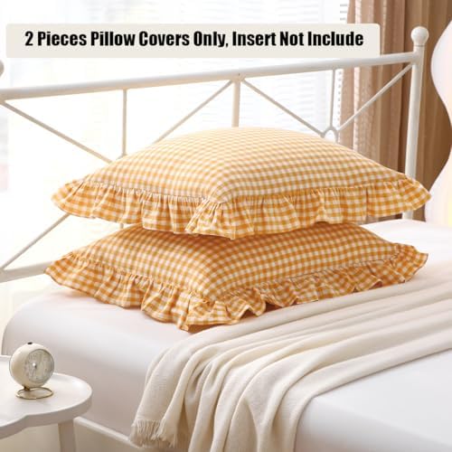 Mywinlle Mustard Yellow Gingham Ruffle Pillow Shams Standard Size Set of 2 - Image 3