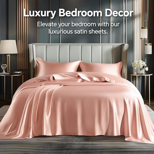 BEDELITE Satin Sheets King Size Bed Set, Coral Pink, 4 Pieces - Image 2