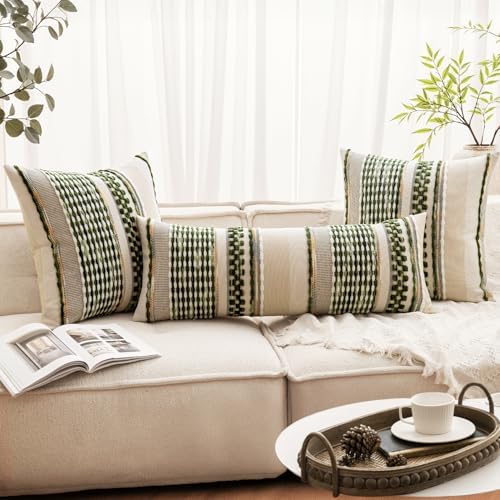 ANRODUO Boho Decorative Pillow Covers 18x18 Dark Green Stripe Pack of 2 - Image 2