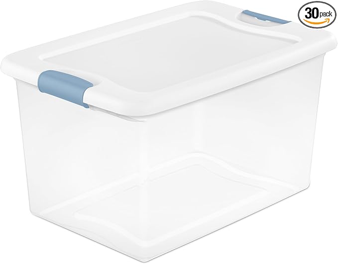 Sterilite 30-Pack Latching Box, Under Bed Storage Bins with Lids, Clear Plastic, 64 Quart - Heavy-Duty Organizing Containers for Closet, Bathroom, and Office