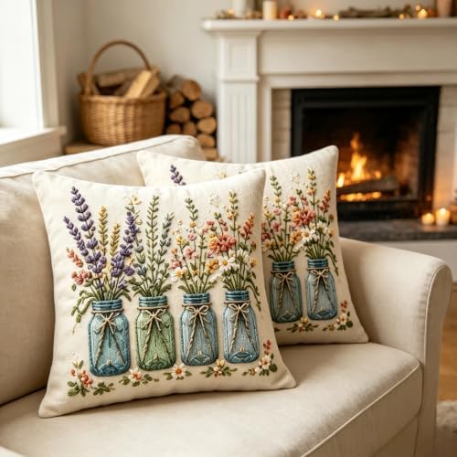 2D Flat Jar Wildflower Linen Throw Pillow Covers 18x18 Set of 2 - Image 6