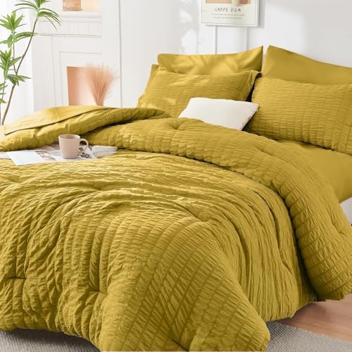 HYMOKEGE Mustard Yellow King Size Comforter Set Seersucker 7 Pieces, All Season by HYMOKEGE
