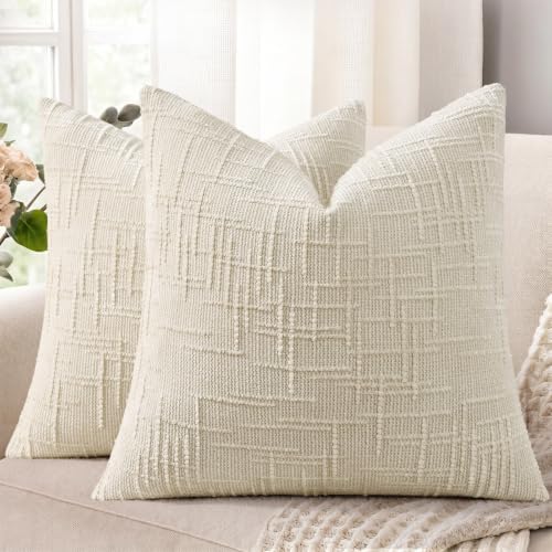 decorUhome Textured Chenille Throw Pillow Covers 24x24 Set of 2 Light Cream by decorUhome