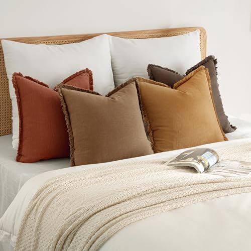 MIULEE Fall Linen Fringe Pillow Covers Set of 4 18x18 Orange/Yellow - Image 5