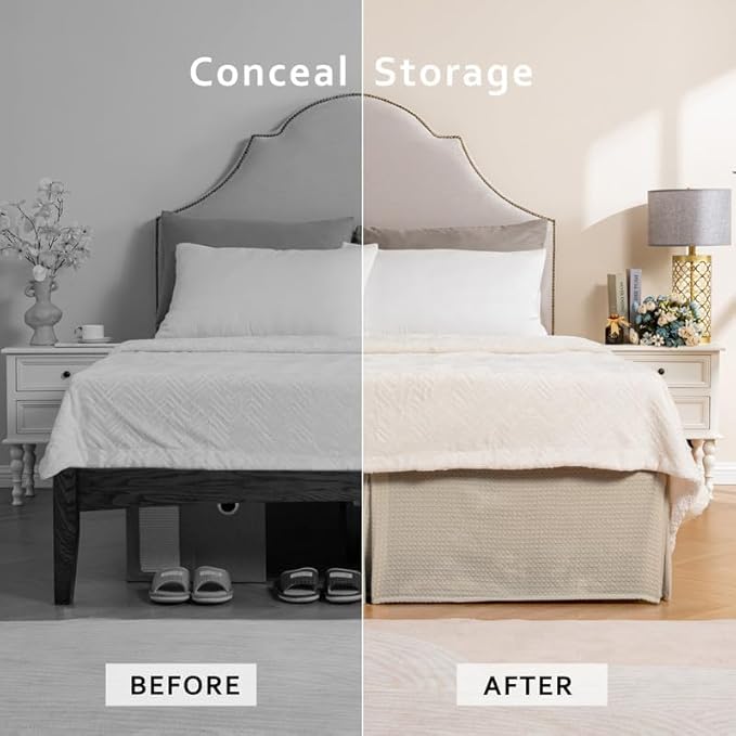 MIYE Pleated Waffle Weave Bed Skirt, Tailored Dust Ruffle 14 Inch Drop Easy Fit, Machine Washable,No Split Corners (Beige, Queen - 14" Drop)