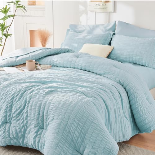 HYMOKEGE Lake Blue Oversized Queen Comforter Set Seersucker 7 Pieces, All by HYMOKEGE